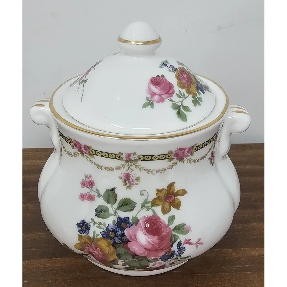Vtg Crown Victorian Floral Bone China Sugar Trinket Dish Staffordshire England